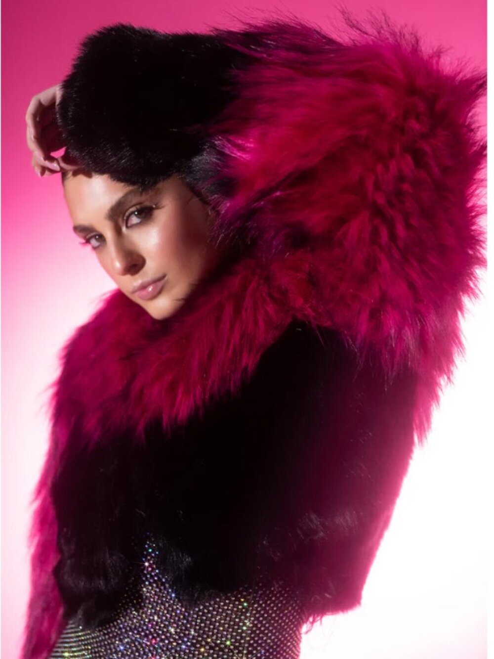 🦋💋UBER GORGE!💋🦋LUXURIOUS OMBRE FAUX DIPPED FOX FUR JACKET in FUCHSIA & BLACK